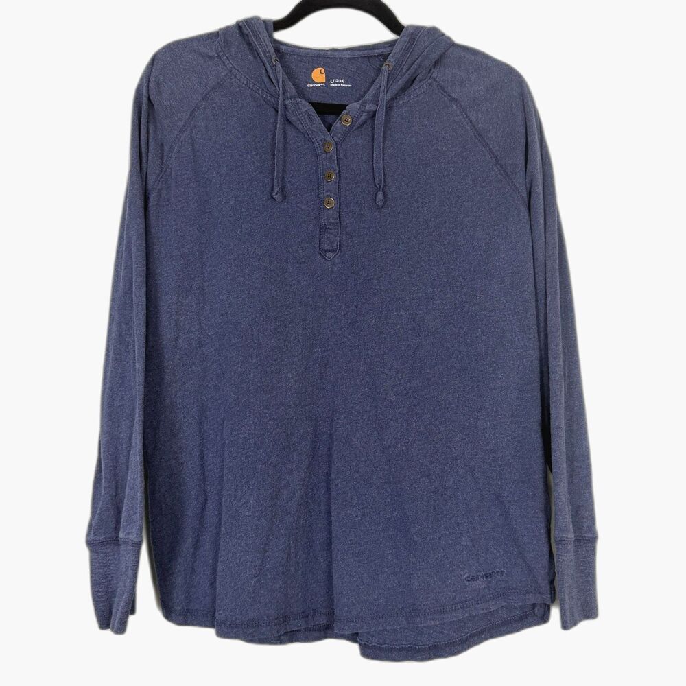 Carhartt Hoodie Womens Large Blue Henley Hooded Shirt Long Sleeve Top